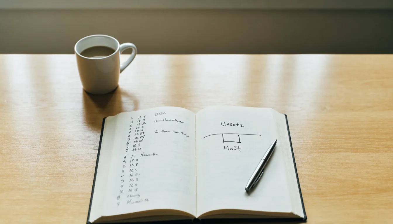 Ein aufgeschlagenes Notizbuch mit handschriftlichen Notizen und ein Kugelschreiber liegen auf einem hellen Schreibtisch neben einer Kaffeetasse.