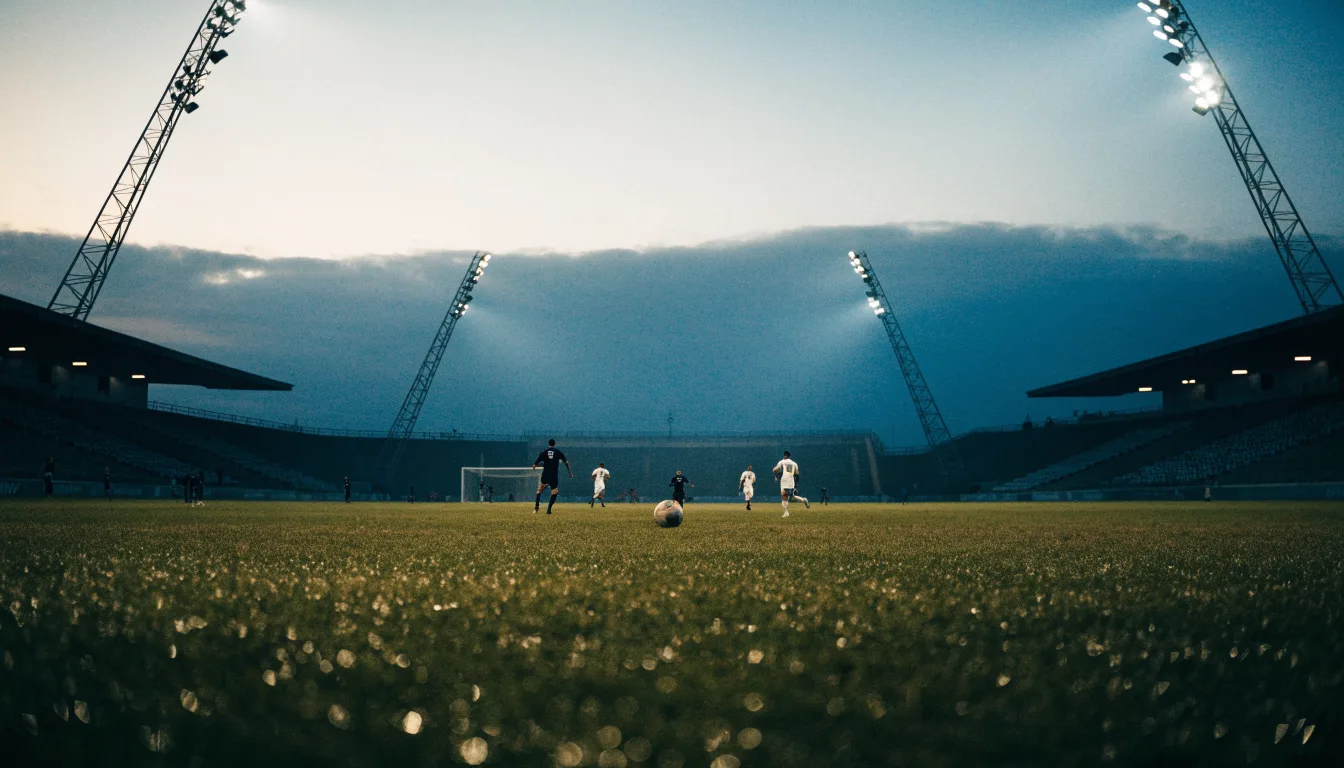 Ein Fußballplatz mit Flutlichtmasten in der Abenddämmerung, aus der Ferne gesehen, leere Tribünen und nasser Rasen unter bewölktem Himmel.