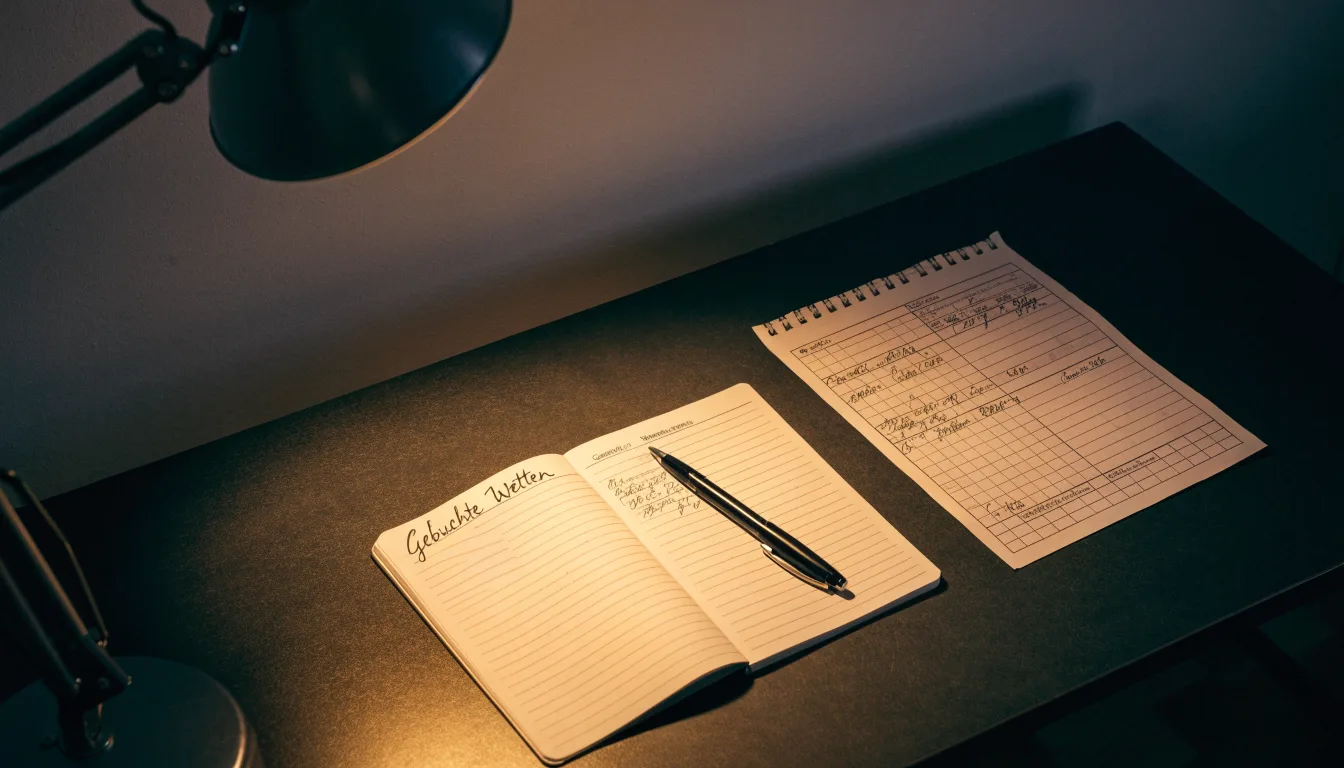 Ein Taschenrechner und ein Blatt Papier mit handschriftlichen Notizen liegen auf einem Schreibtisch unter dem warmen Licht einer Lampe.