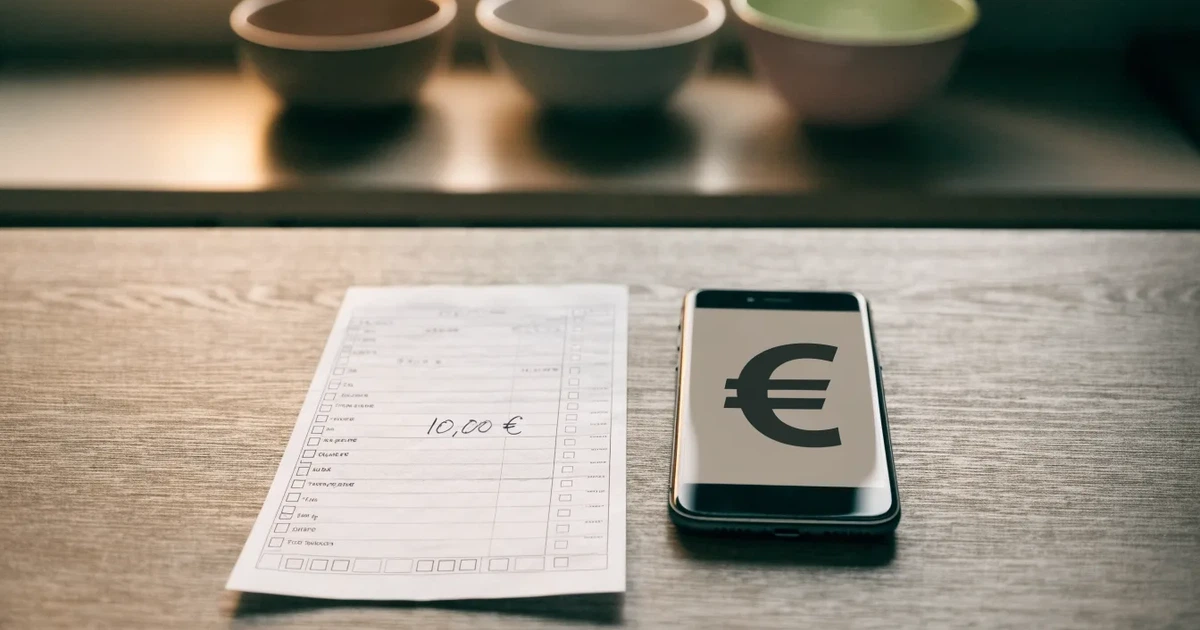 Eine Hand legt ein paar Münzen neben ein umgedrehtes Smartphone auf eine graue Tischplatte, dahinter verschwommen ein Küchenregal.