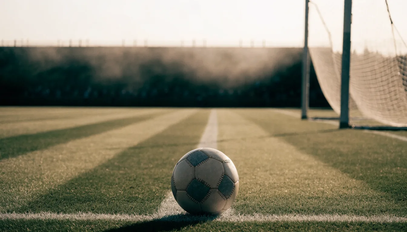 Ein Fußball liegt auf dem Elfmeterpunkt eines leeren Rasenplatzes, im Hintergrund eine Tribüne im Dunst.