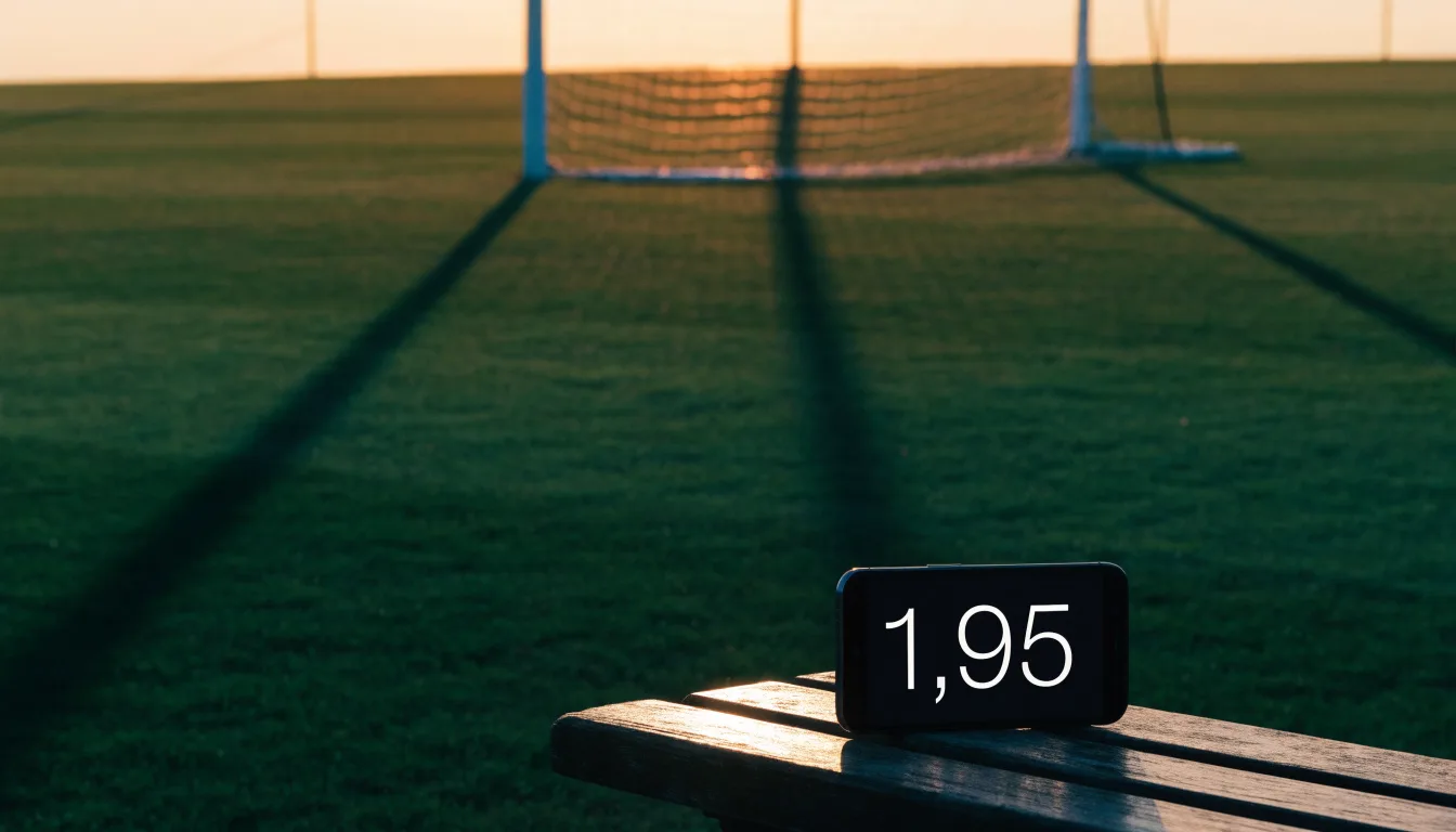 Ein Fußballtor mit Netz bei Sonnenuntergang auf einem leeren Platz, die Schatten der Torpfosten liegen lang auf dem Gras.
