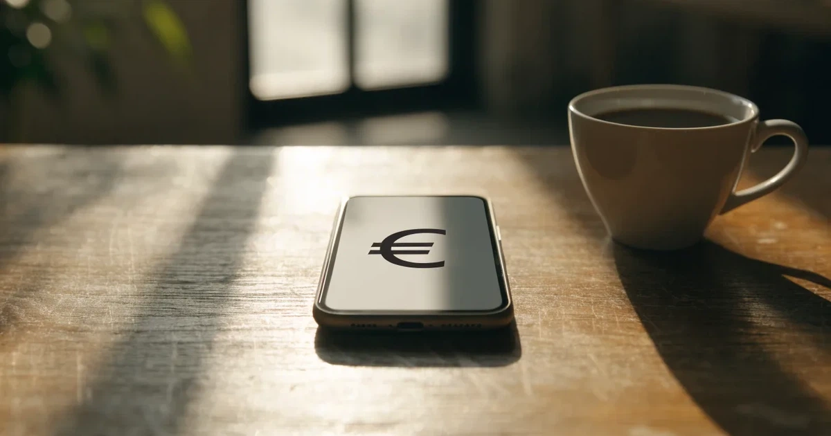 Zwei Euro-Scheine und ein Smartphone liegen auf einem Holztisch neben einer Tasse, im Hintergrund ein unscharfes Fenster.