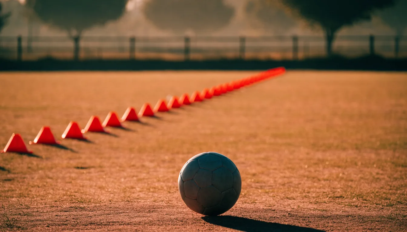 Ein Fußball auf rotem Sandboden neben einer Reihe Hütchen auf einem Trainingsplatz bei untergehender Sonne.