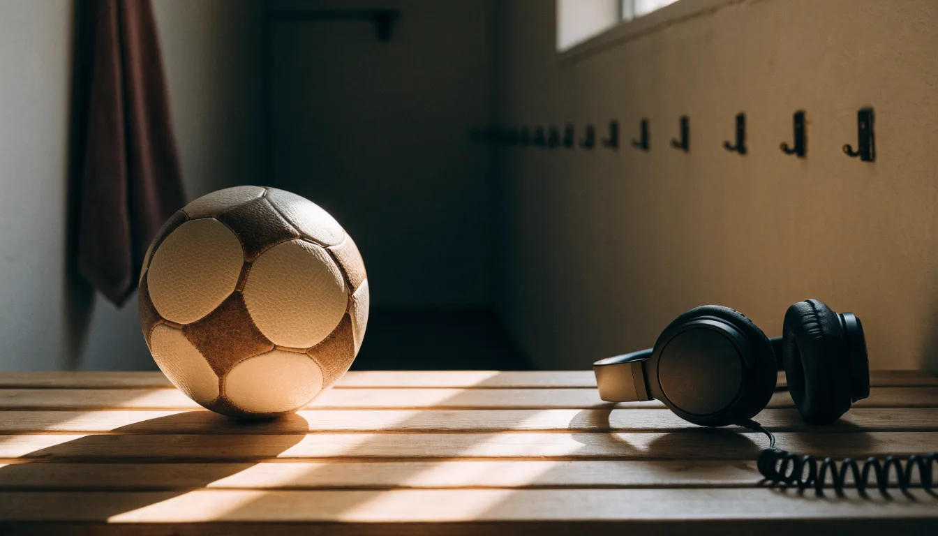 Ein Fußball liegt neben Kopfhörern auf einer Holzbank in einer Umkleide, Licht fällt durch ein schmales Fenster.