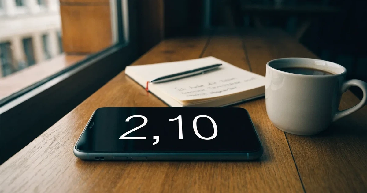 Ein Smartphone mit dunklem Bildschirm liegt auf einem Tisch in einem Café, daneben eine Tasse und ein Notizbuch.