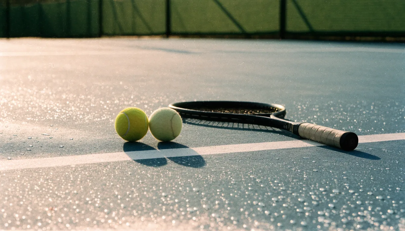 Zwei Tennisbälle und ein Schläger liegen auf der Grundlinie eines Hartplatzes, kleine Wassertropfen glänzen auf dem Belag.