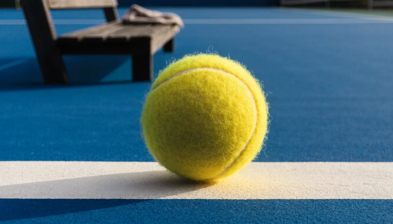 Ein gelber Tennisball liegt auf einer weißen Linie, daneben ein Handtuch auf einer Bank am Spielfeldrand.
