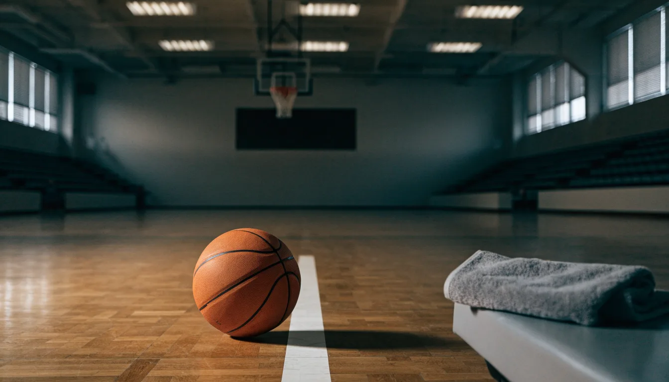 Ein Basketball liegt auf der Freiwurflinie einer Halle, im Vordergrund ein Handtuch auf einer Bank.