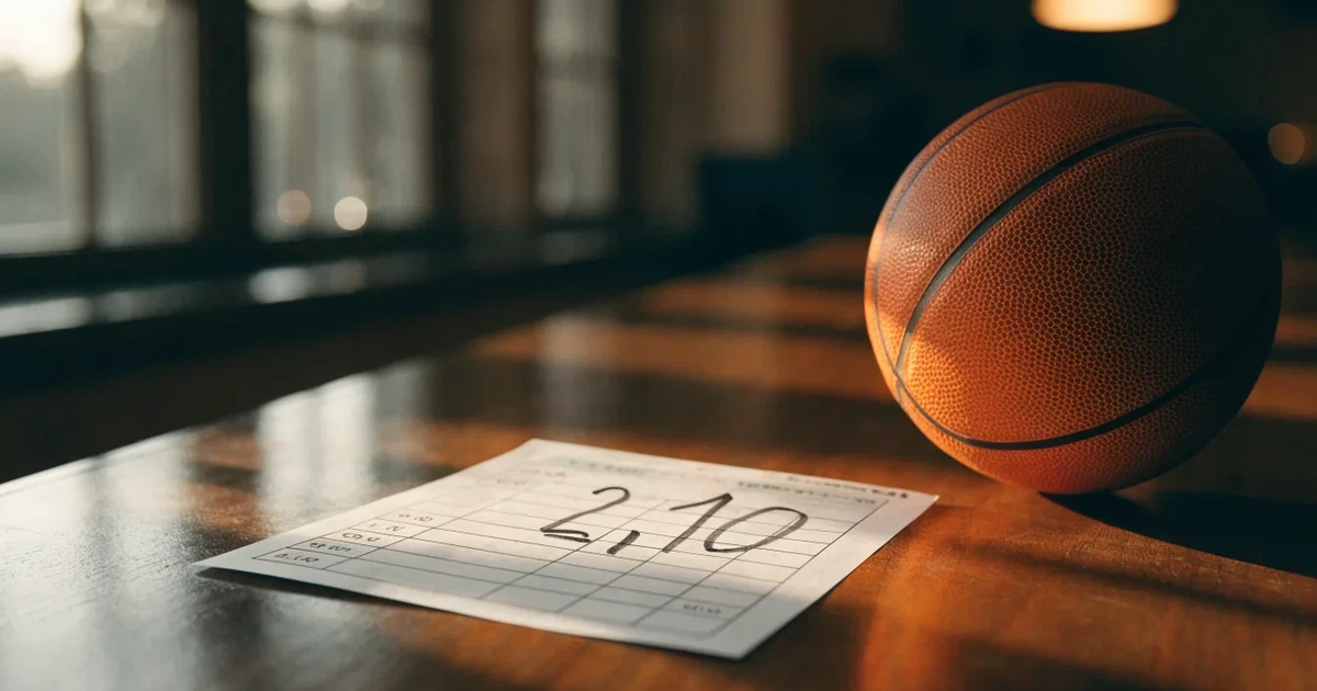 Eine leere Basketballhalle mit glänzendem Parkett und einem Korb im Hintergrund, Licht von Deckenstrahlern spiegelt sich im Boden.