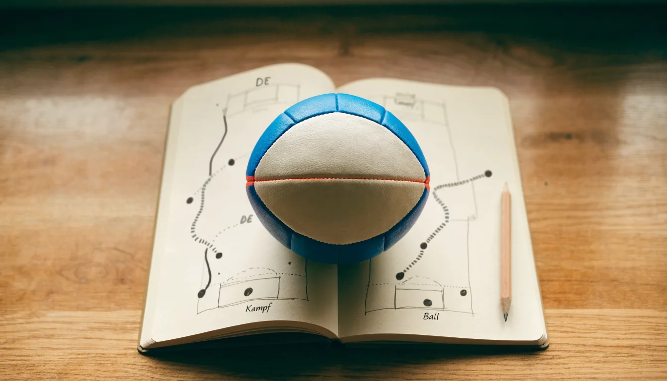 Ein Fußball liegt auf einem Notizbuch mit handgezeichneten Skizzen von Spielzügen, aufgenommen von oben auf einem Holztisch.
