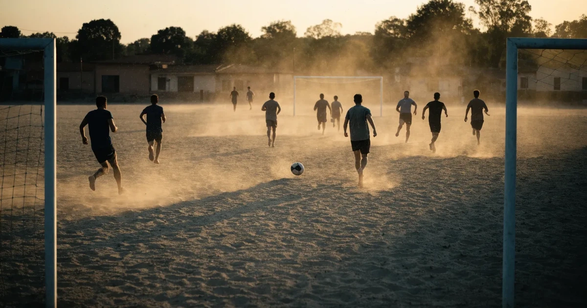 Ein sandiger Fußballplatz am Rand einer Stadt in warmem Abendlicht, Staub in der Luft und zwei Tore in der Ferne.