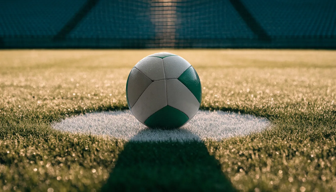 Ein Fußball liegt auf dem Anstoßpunkt eines Rasens bei Sonnenaufgang, Tau glitzert auf den Halmen.