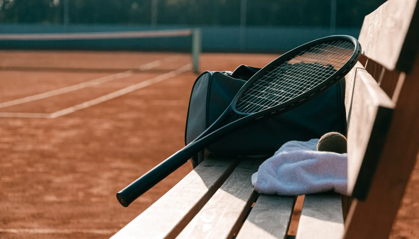 Ein Tennisschläger lehnt an einer Bank neben einer Sporttasche, im Hintergrund ein leerer Platz.