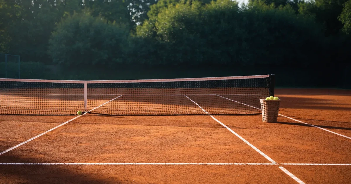 Ein Sandplatz mit frisch gezogenen Linien in der Nachmittagssonne, Netz und Ballkorb am Rand, keine Menschen.