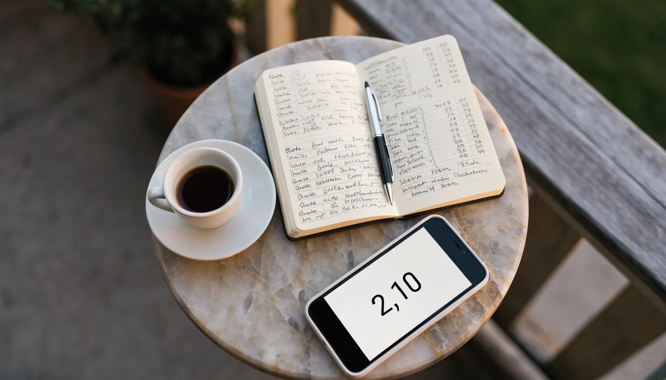 Eine Espressotasse steht auf einem kleinen Marmortisch einer Terrasse, daneben ein Notizheft mit handschriftlichen Skizzen.