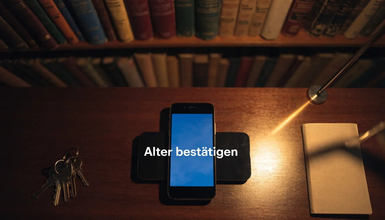 Ein Schlüsselbund und eine Lupe liegen auf einem dunklen Holztisch, im Hintergrund unscharf ein Regal mit Büchern.