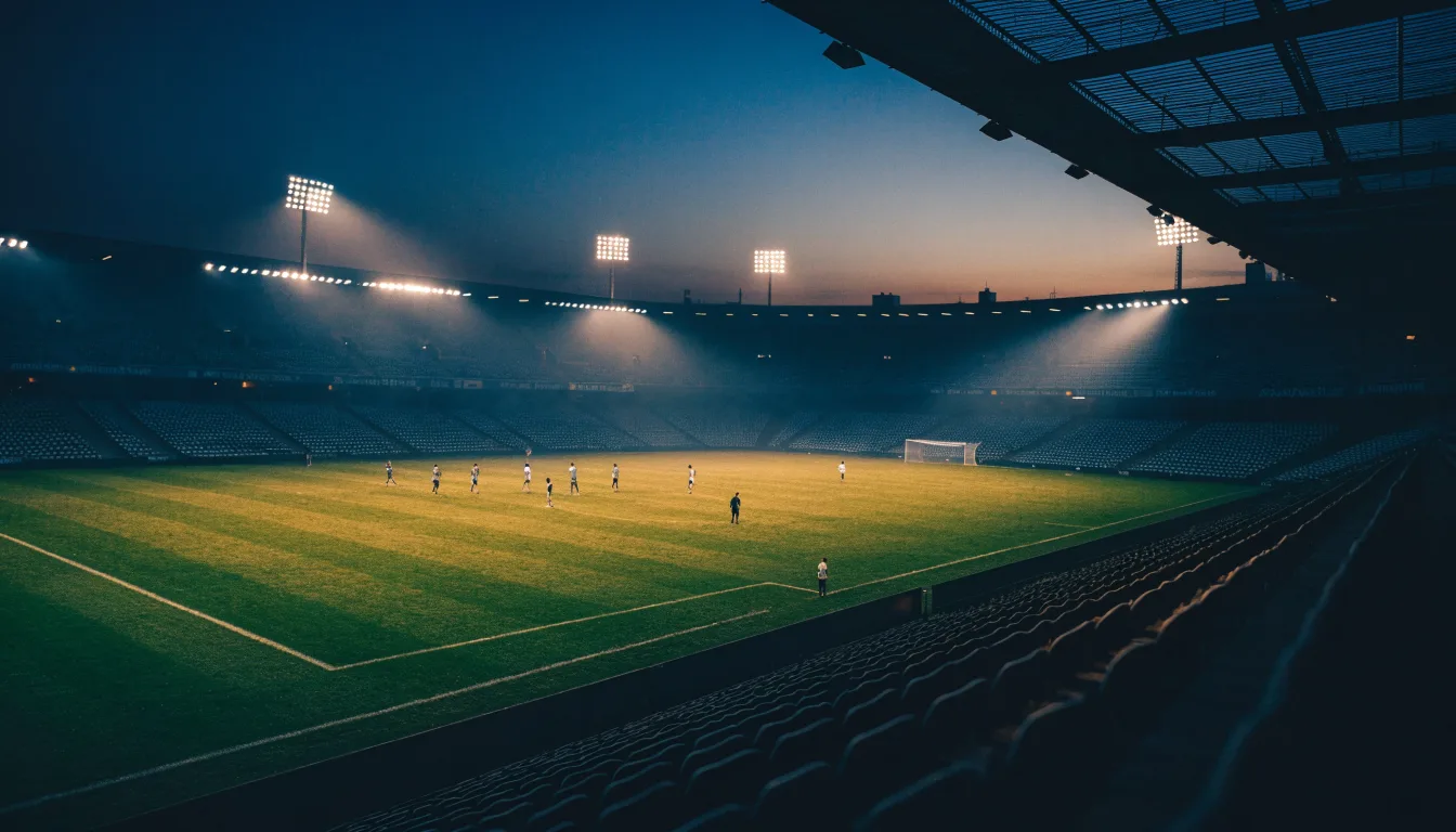 Eine leere Stadiontribüne unter Flutlicht aus der Ferne betrachtet, die Rasenfläche leuchtet grün in der Dämmerung.
