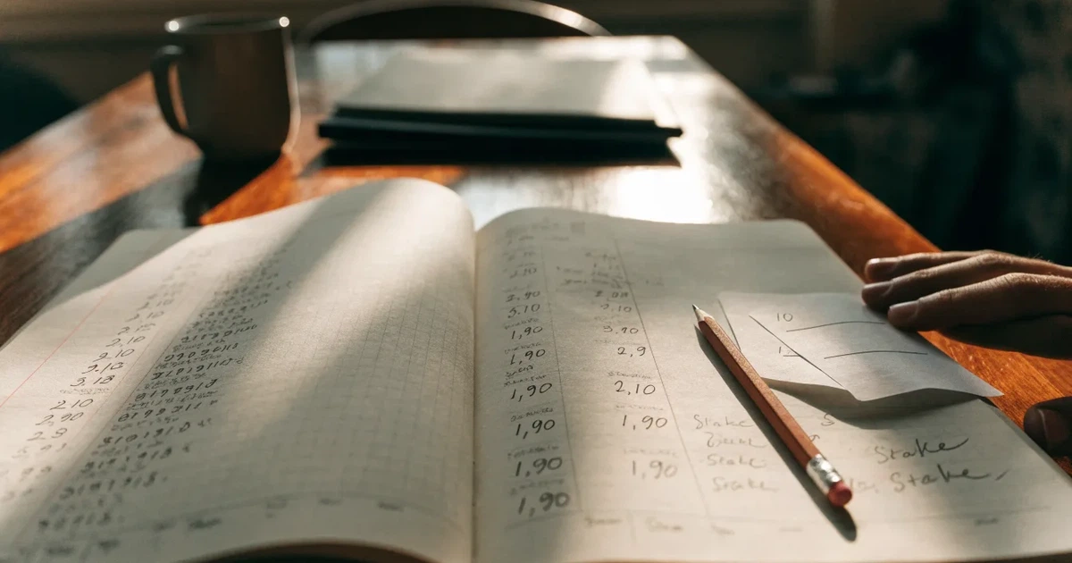Ein aufgeschlagenes Notizbuch mit handschriftlichen Zahlenreihen und ein Bleistift liegen neben einem Taschenrechner auf einem Schreibtisch.