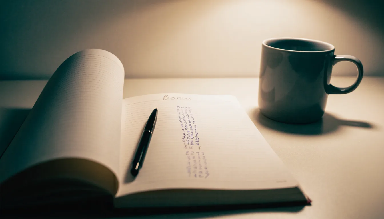 Ein Notizbuch mit handschriftlichen Rechnungen und ein Taschenrechner liegen auf einem aufgeräumten Schreibtisch in warmem Licht.