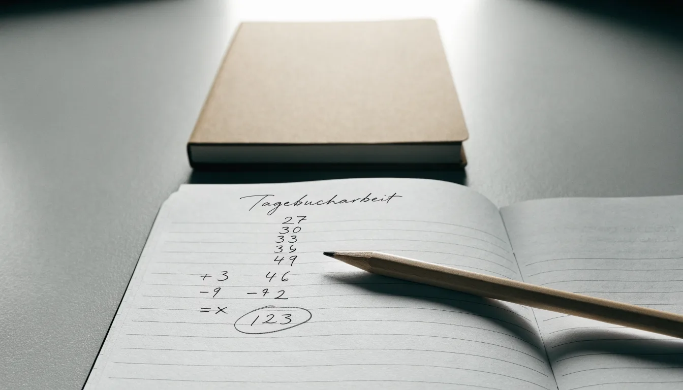 Ein Taschenrechner, ein Bleistift und ein Block mit handschriftlichen Zahlenreihen liegen auf einer grauen Arbeitsfläche.