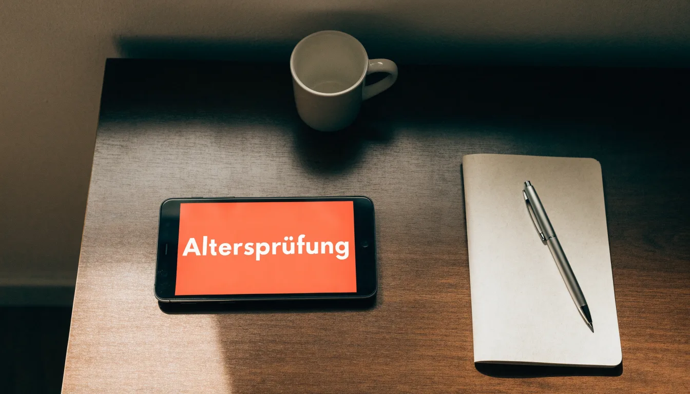 Ein Smartphone liegt mit dunklem Display auf einem Schreibtisch neben einem Notizbuch und einer Kaffeetasse.