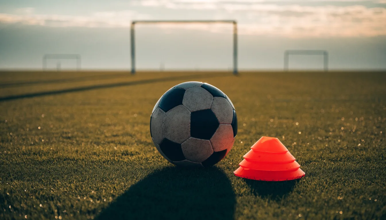 Ein Fußball liegt auf einem Rasenplatz bei Sonnenaufgang, daneben ein kleiner Stapel Trainingshütchen.