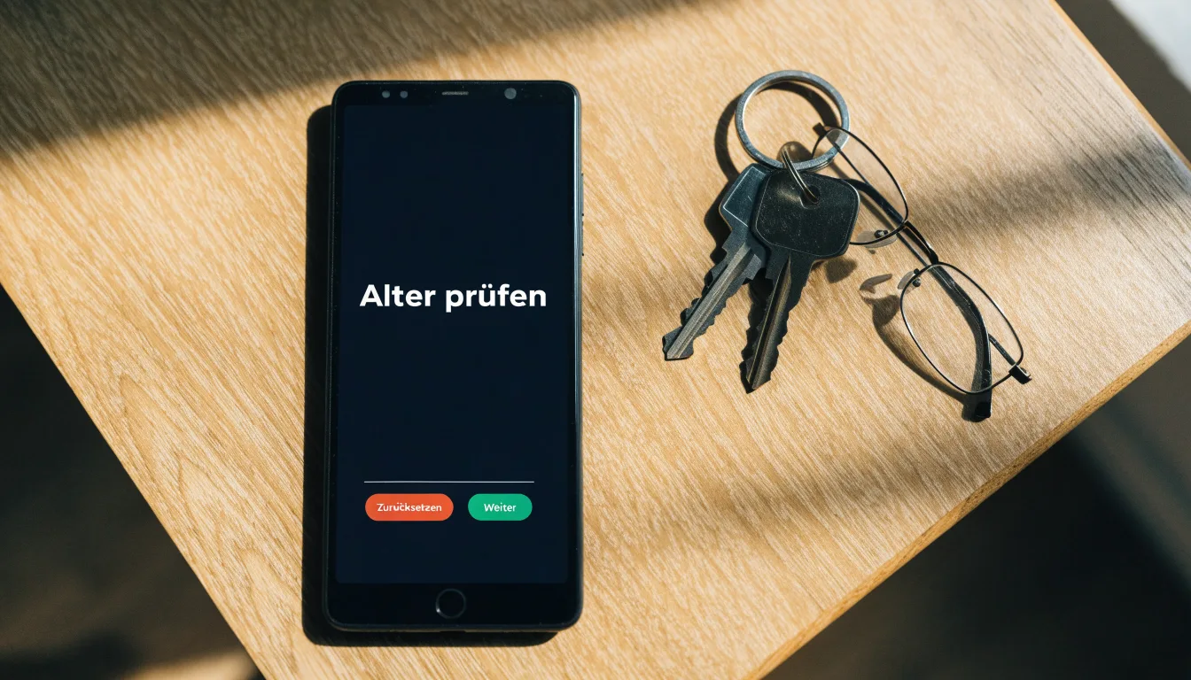 Ein Smartphone liegt mit dunklem Display auf einem Schreibtisch neben einem Schlüsselbund und einer Brille.