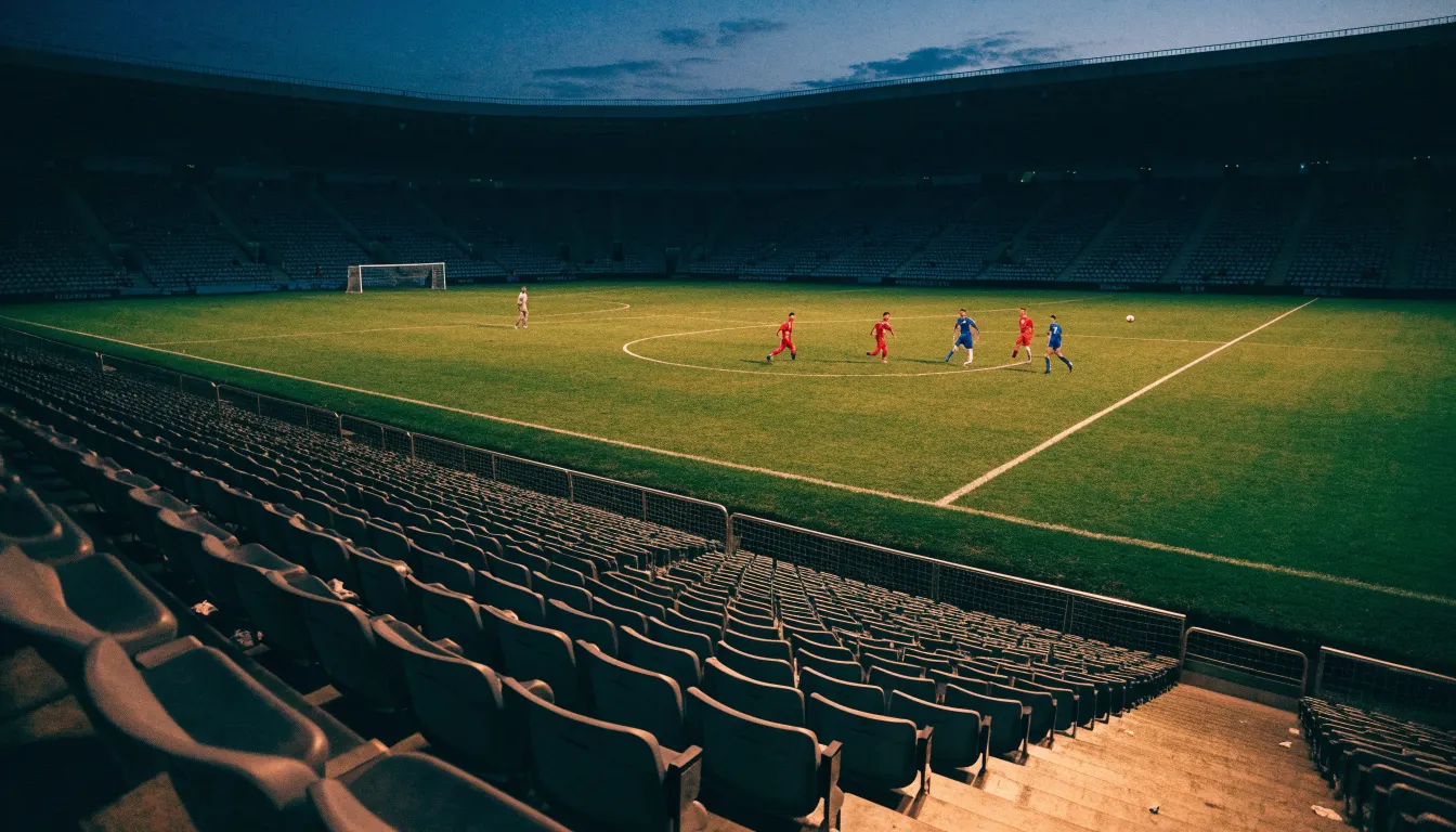 Eine leere Stadiontribüne unter Flutlicht aus der Ferne betrachtet, die Rasenfläche leuchtet grün in der Dämmerung.