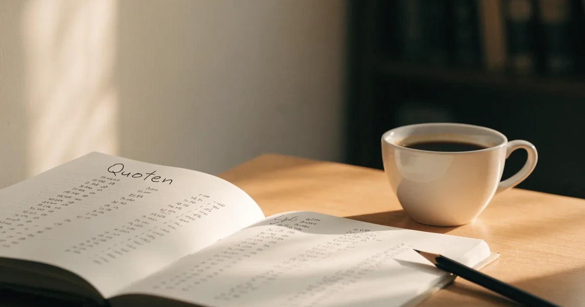 Handschriftliche Zahlenkolonnen in einem Notizbuch, daneben ein Bleistift und eine Tasse Kaffee auf hellem Holz.