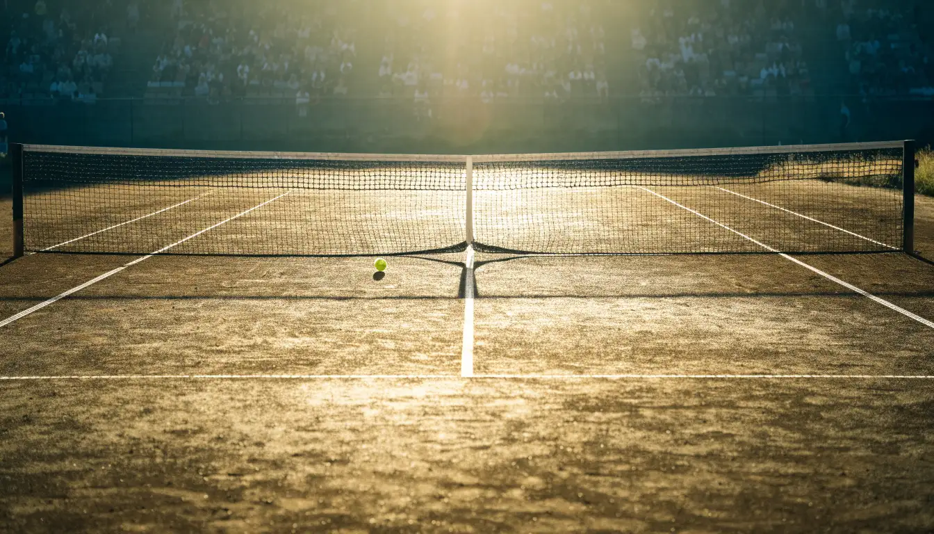 Ein Tennisplatz aus Sand bei Sonnenaufgang, das Netz im Gegenlicht, kein Mensch zu sehen.