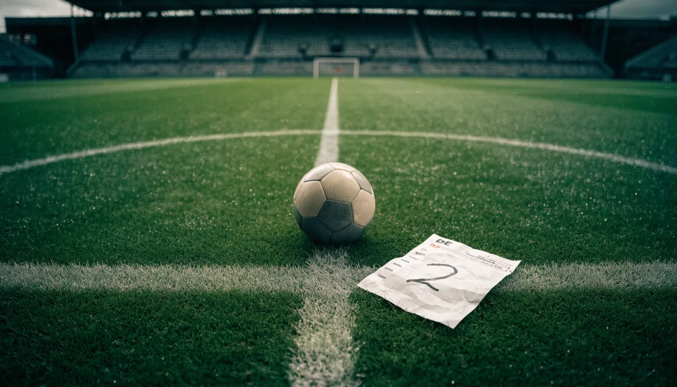 Ein Fußball liegt auf dem Anstoßpunkt eines leeren Rasenplatzes, im Hintergrund eine ruhige Tribüne unter bedecktem Himmel.