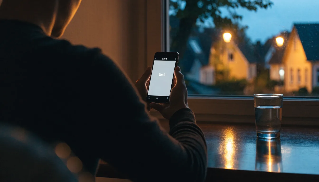 Die Silhouette einer Person sitzt am Abend am Fenster und blickt auf eine Straße, auf dem Fensterbrett steht ein Glas Wasser.