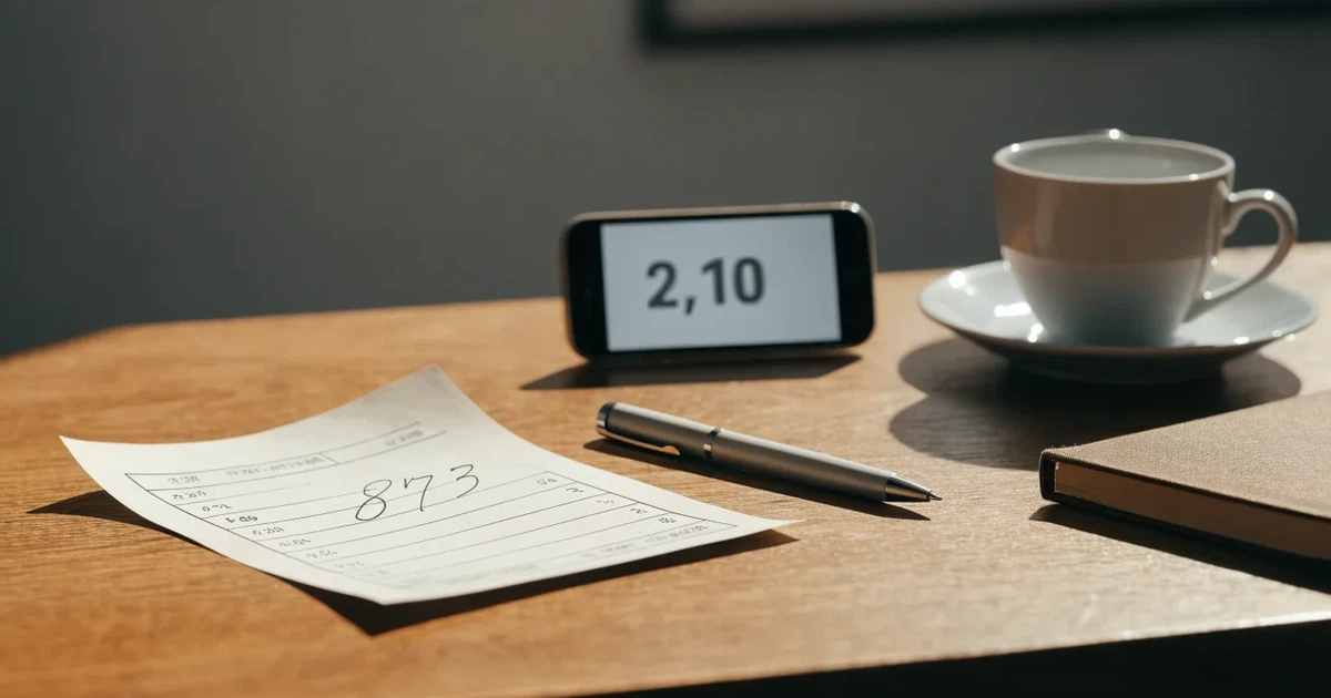 Ein Holzschreibtisch im Morgenlicht mit geschlossenem Notizbuch, Kugelschreiber und Kaffeetasse, daneben ein Smartphone mit dunklem Bildschirm.