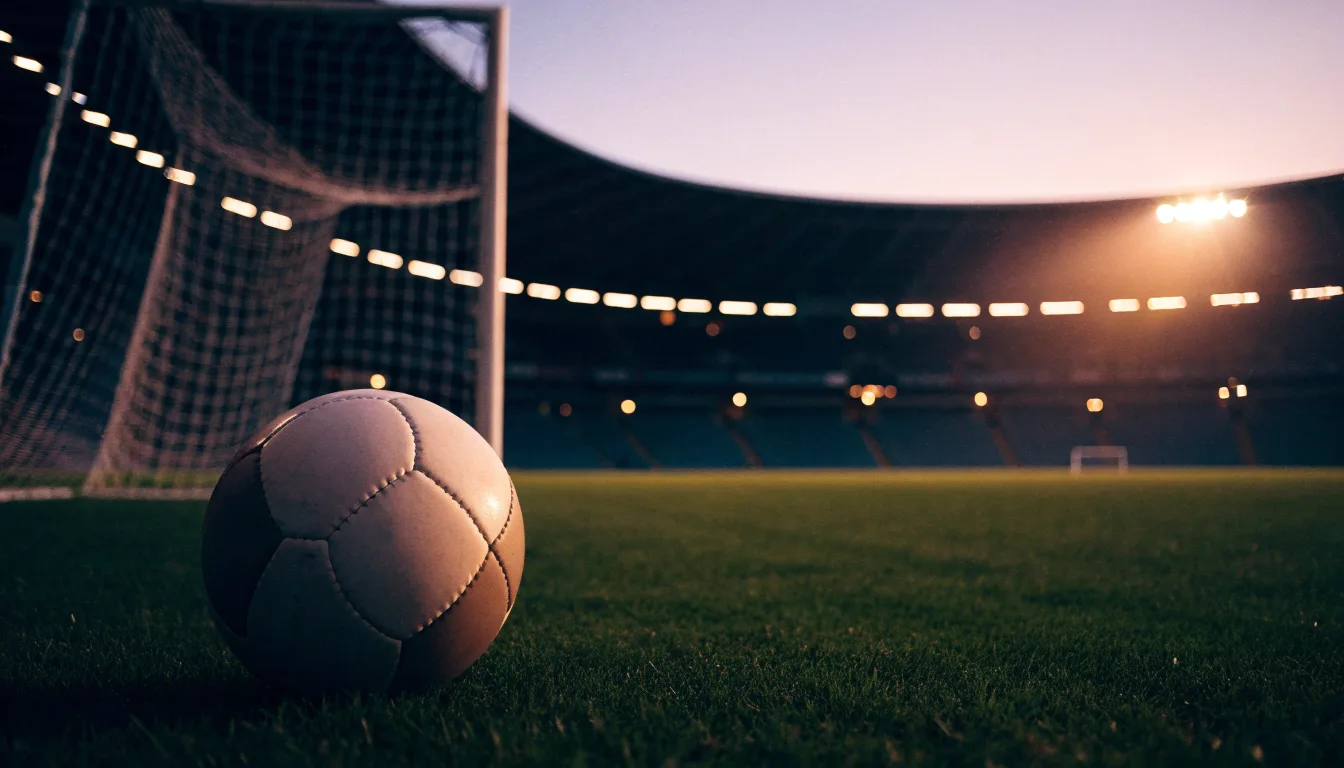 Ein Fußball liegt auf dem Rasen eines leeren Platzes, im Hintergrund ein Stadion unter Flutlicht in der Abenddämmerung.
