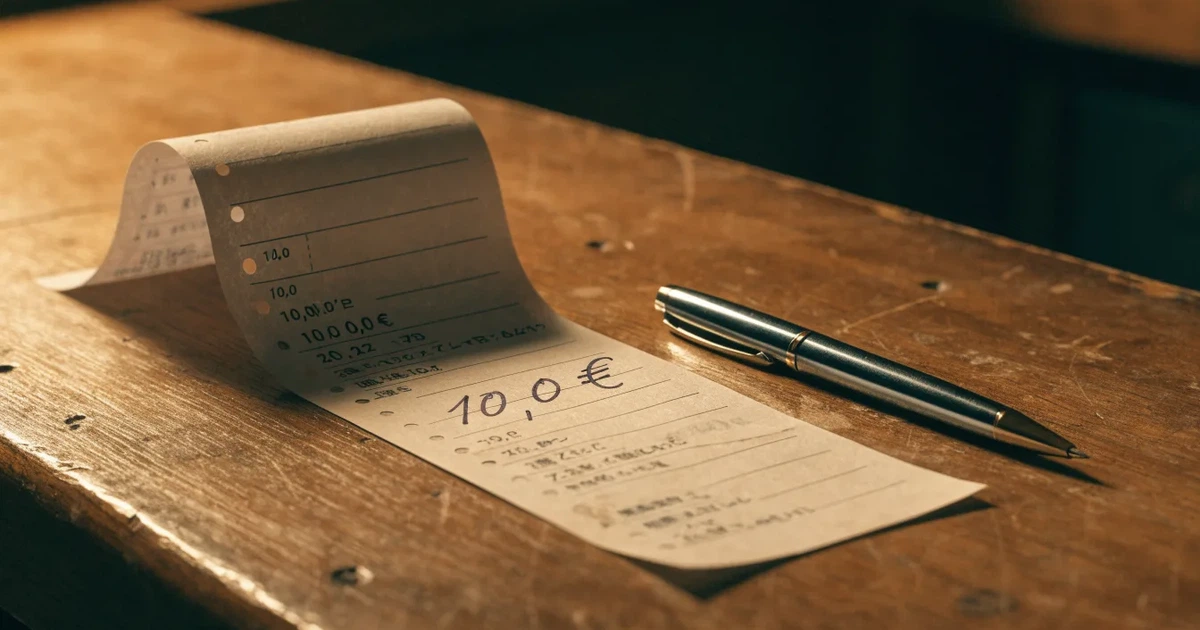 Ein leerer Wettschein aus Papier liegt neben einem Stift auf einer hölzernen Theke, weiches Licht fällt von der Seite ein.