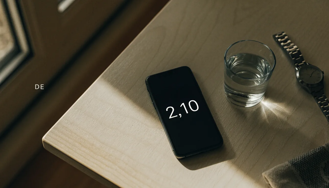 Ein Smartphone liegt mit dem Display nach unten auf einem Küchentisch, daneben stehen ein Glas Wasser und eine Armbanduhr.