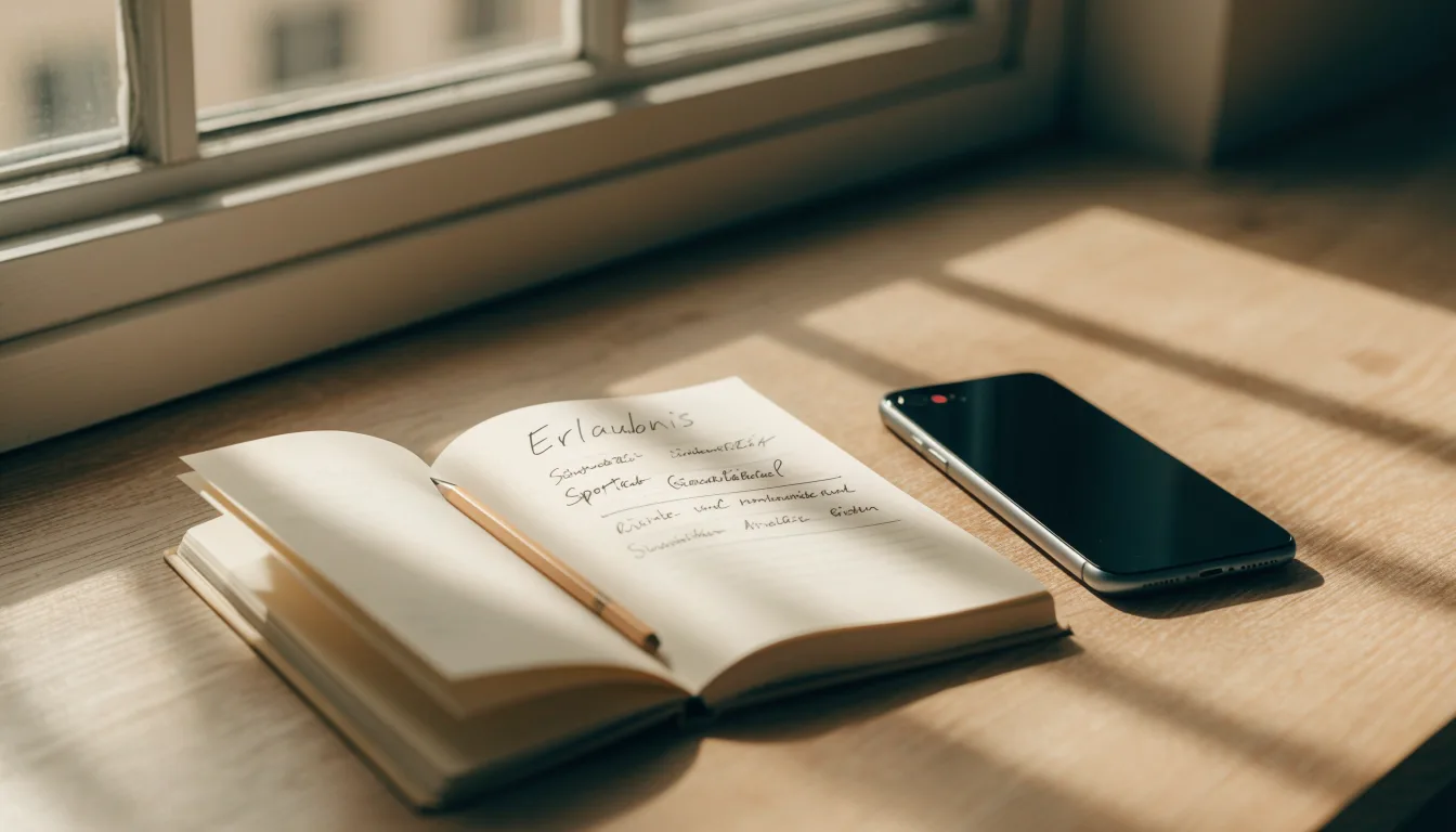Ein Notizbuch mit handschriftlichen Notizen und ein Bleistift liegen auf einem Schreibtisch am Fenster, draußen fällt Morgenlicht herein.