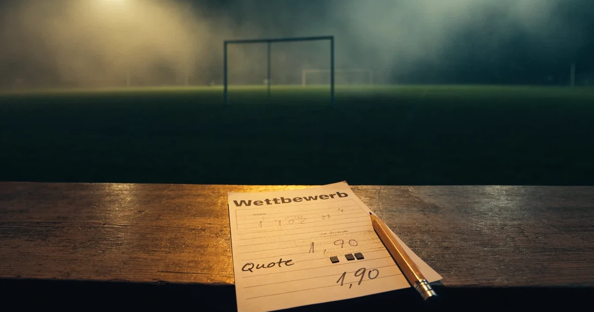 Ein Stadion unter Flutlicht, aus großer Entfernung über eine dunkle Wiese fotografiert, am Himmel zieht Nebel auf.