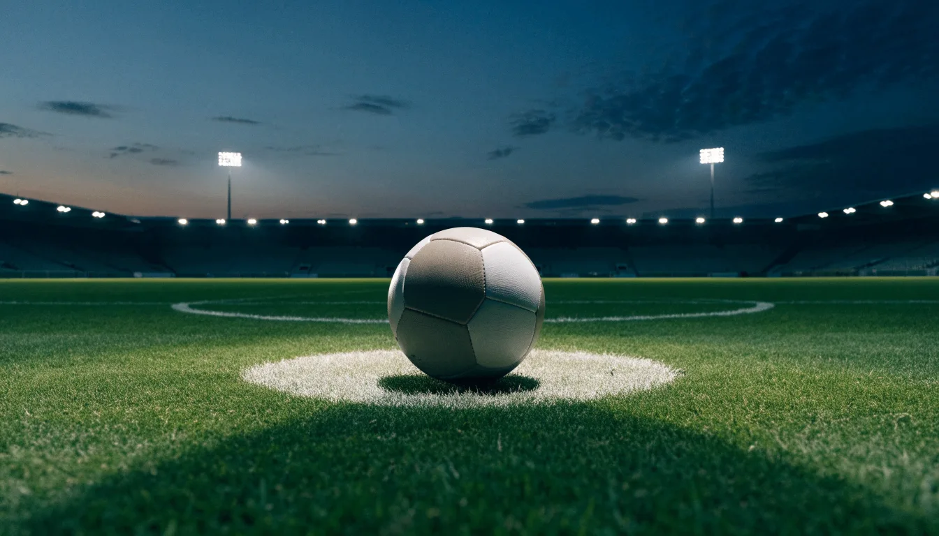 Ein Fußball liegt auf dem Anstoßpunkt eines leeren Rasenplatzes, im Hintergrund steht ein Stadion unter Flutlicht in der Dämmerung.