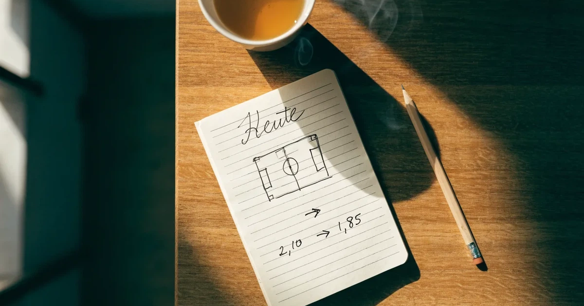 Ein Notizbuch mit handschriftlichen Notizen und Pfeilen liegt aufgeschlagen auf einem Schreibtisch, daneben ein Bleistift und eine Tasse Tee.