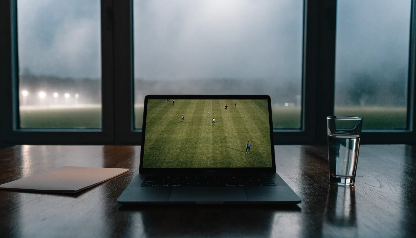 Ein Stadion unter Flutlicht, aus großer Entfernung über eine dunkle Wiese fotografiert, am Himmel zieht Nebel auf.