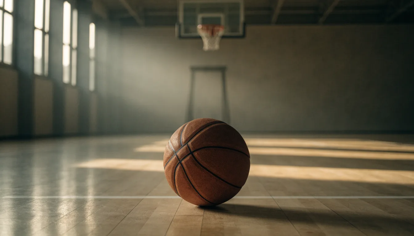 Ein Basketball liegt auf dem Hallenboden unter einem Korb, das Netz hängt ruhig, Morgenlicht fällt durch hohe Fenster.