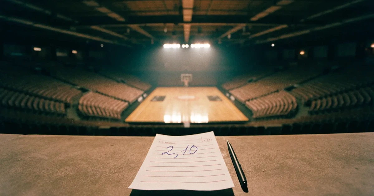 Eine leere Basketballhalle von einer oberen Tribünenreihe aus gesehen, Parkett und Körbe im Licht der Hallenstrahler.