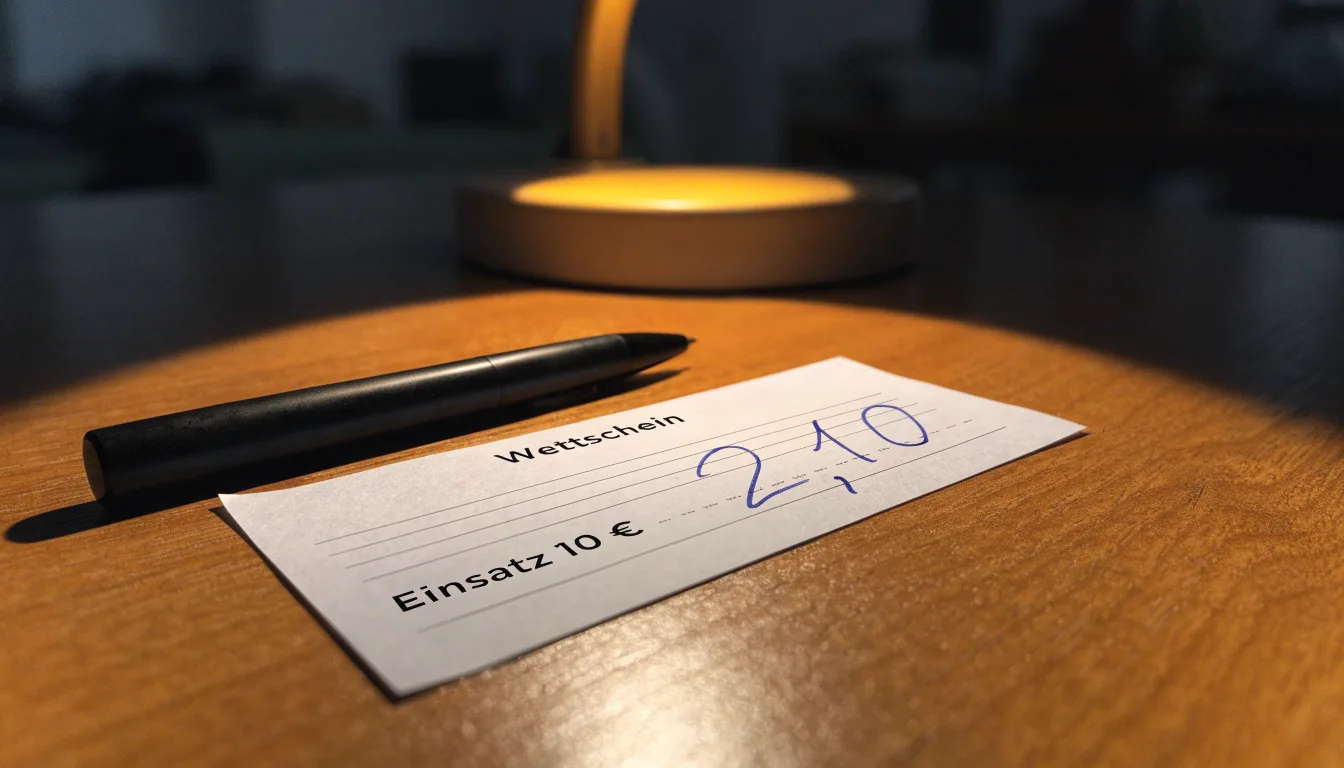 Ein leerer Wettschein aus Papier und ein Kugelschreiber liegen auf einer Tischplatte neben einer kleinen Tischlampe.