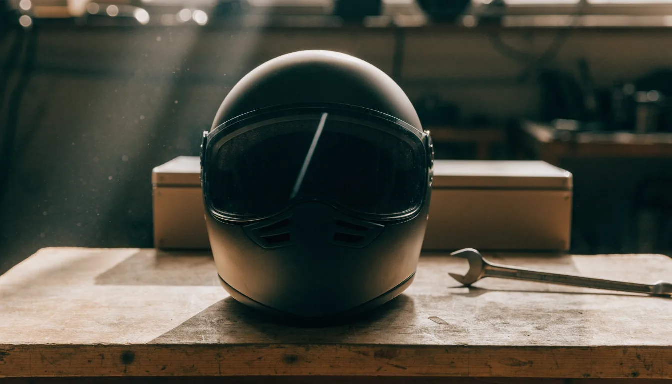 Ein schwarzer Motorradhelm ohne Aufdruck liegt auf einer Werkbank neben einem Schraubenschlüssel, warmes Licht einer Werkstatt.