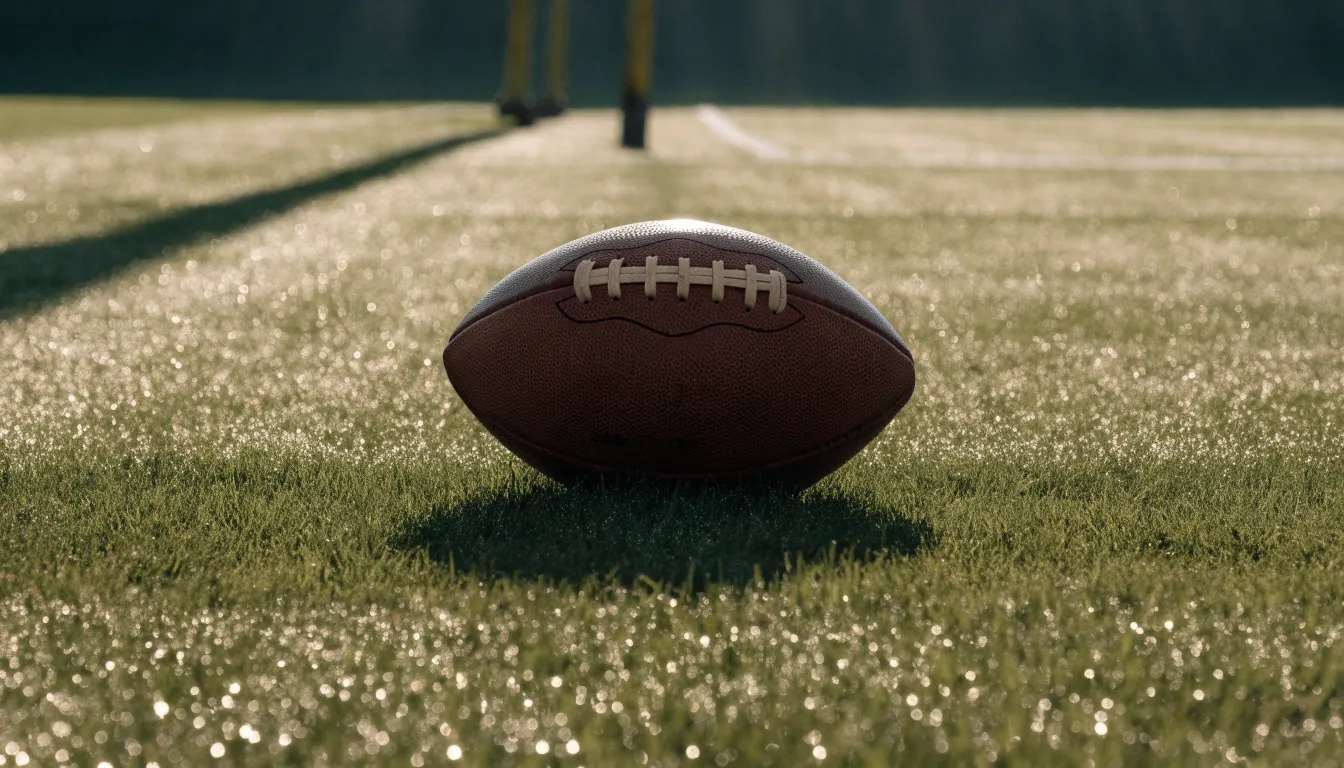 Ein ovaler Lederball mit heller Schnürung liegt auf dem Rasen vor der Endzone, Tau auf dem Gras im ersten Morgenlicht.