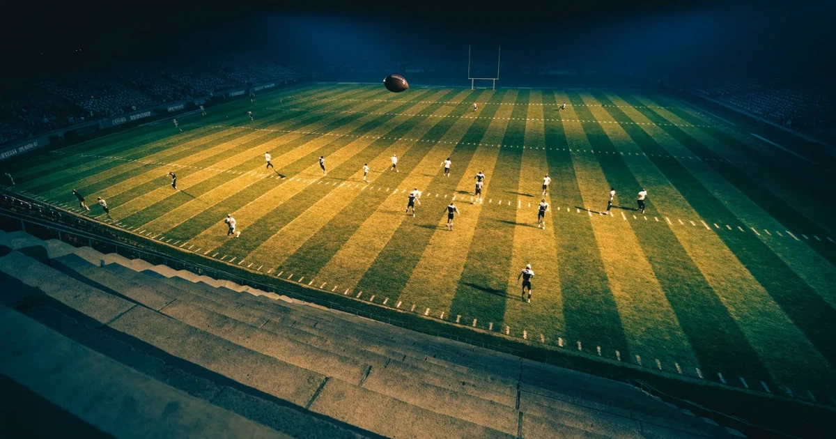 Ein American-Football-Feld mit weißen Yardlinien im Flutlicht, von einer hohen Tribüne aus gesehen, die Ränge leer, Zahlen nicht erkennbar.