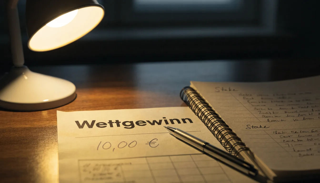 Ein leerer Papierwettschein, ein Kugelschreiber und ein Taschenrechner liegen auf einem Holztisch, warmes Licht einer Schreibtischlampe.