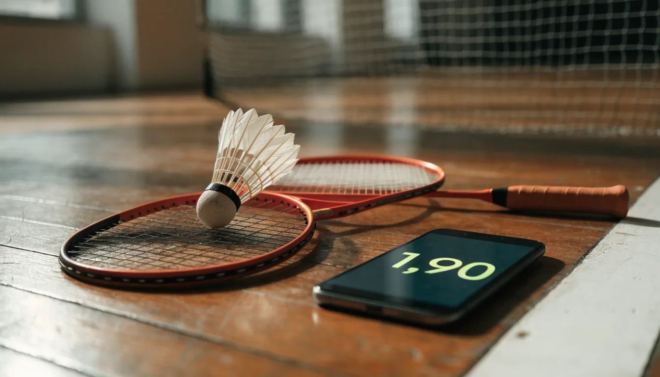 Zwei Badmintonschläger und ein Federball liegen auf einem Holzboden neben der Seitenlinie, weiches Licht fällt von der Seite ein.